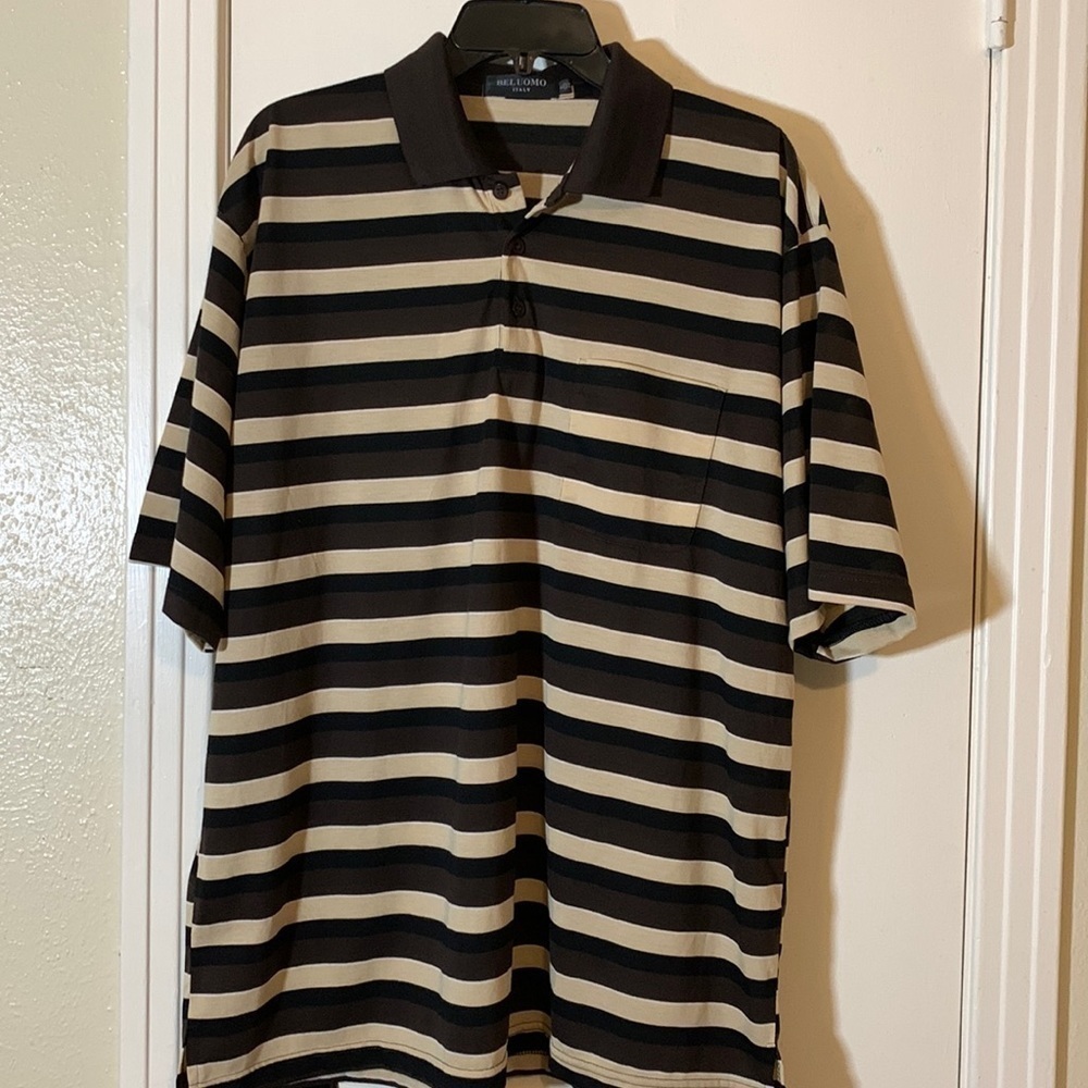 Italian Beluomo Collared Brown Stripe Short Sleeve Polo Shirt, XL